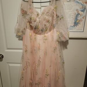 Floral Embroidered Tea Party Dress in Soft Pink